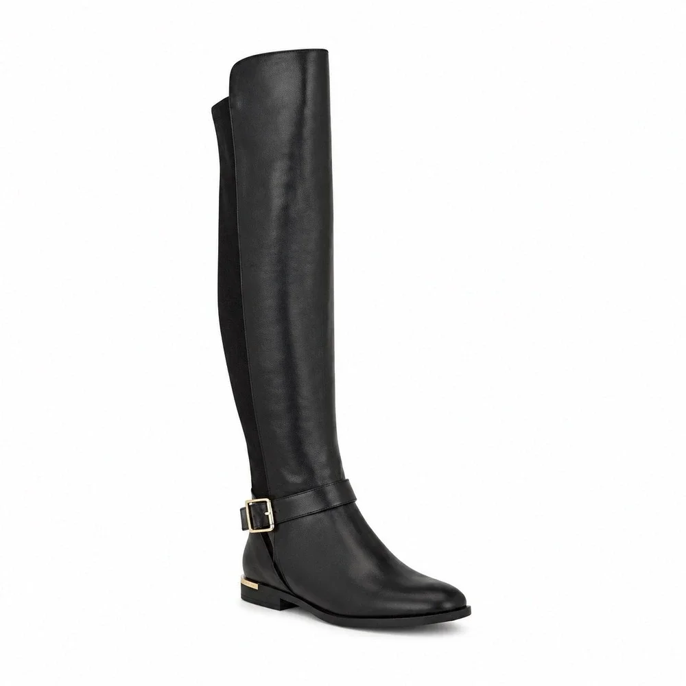 Nine Andone West Black Over The Knee Boots Gold Buckle Stretch Minimalist 9.5
